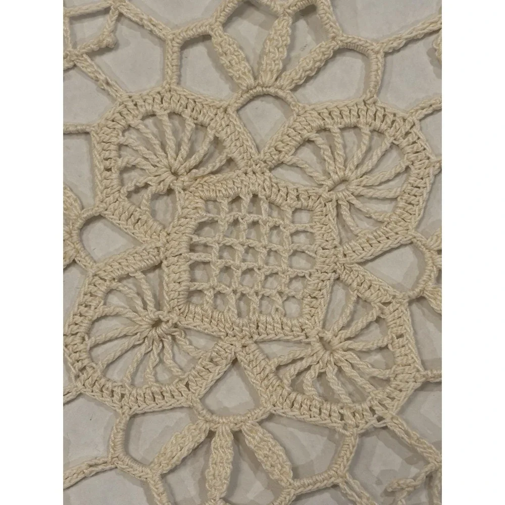 Vintage Hand Crocheted Cotton Tablecloth: Large Rectangular Cream Lace